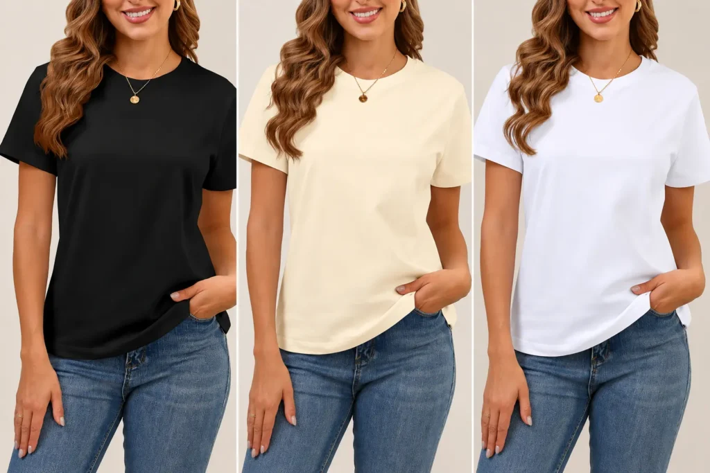 Three women's crew neck T-shirts in black, cream, and white styled with blue jeans for a capsule wardrobe.