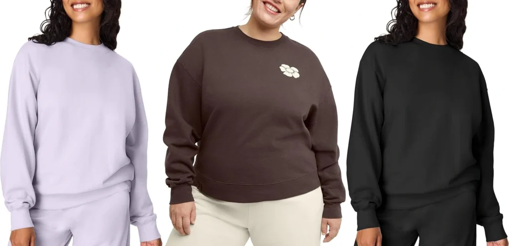 Women's casual crewneck sweaters in lavender, dark brown, and black for everyday capsule wardrobe outfits.