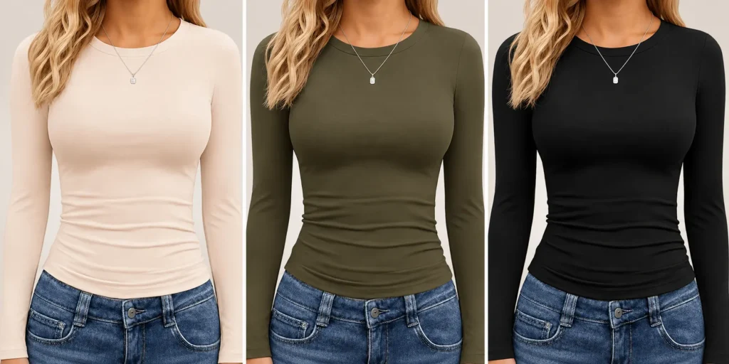 Women's fitted long-sleeve tops in beige, olive green, and black paired with blue jeans.