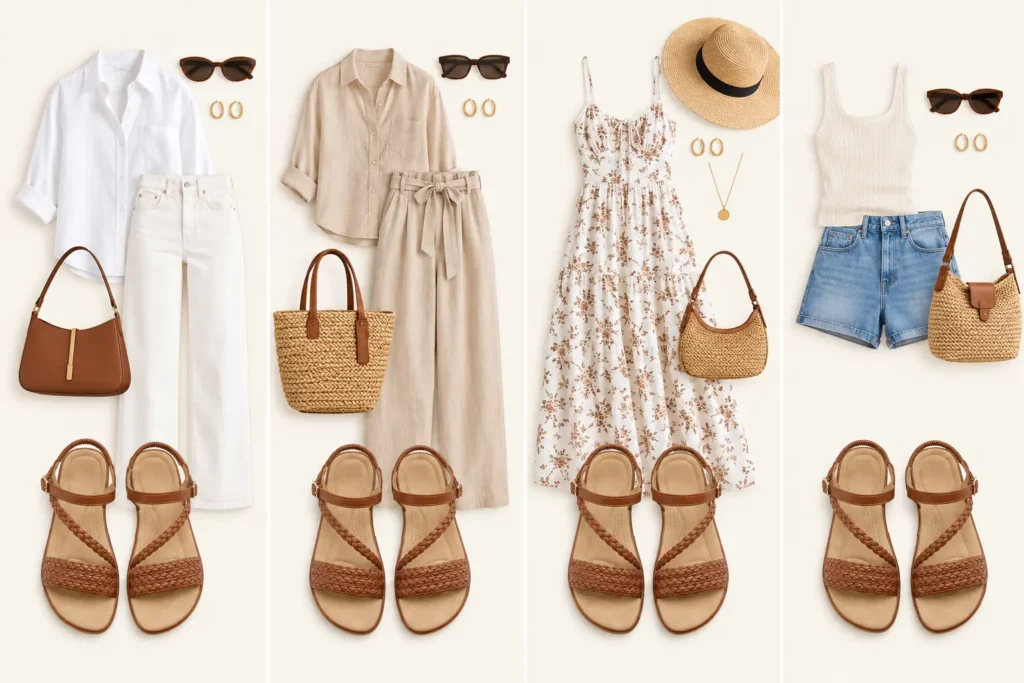 Flat leather sandals styled with white jeans, linen trousers, a maxi dress, and denim shorts