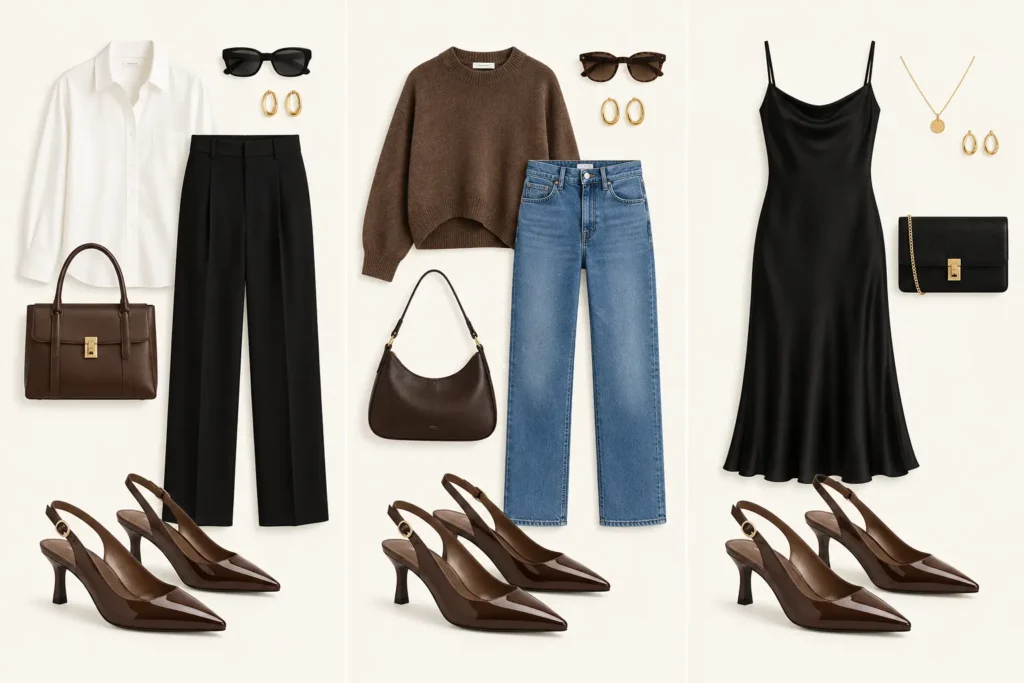 Brown kitten heels styled with black trousers, straight-leg jeans, and a black dress