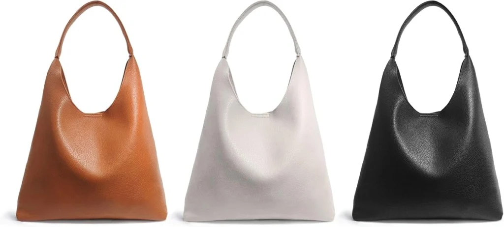 Three minimalist leather-look tote bags in cognac brown, light gray, and black with single shoulder straps.