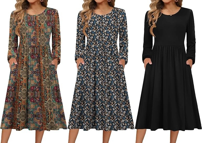 Three women's long-sleeve midi dresses featuring a multicolor paisley print, navy floral print, and solid black design.