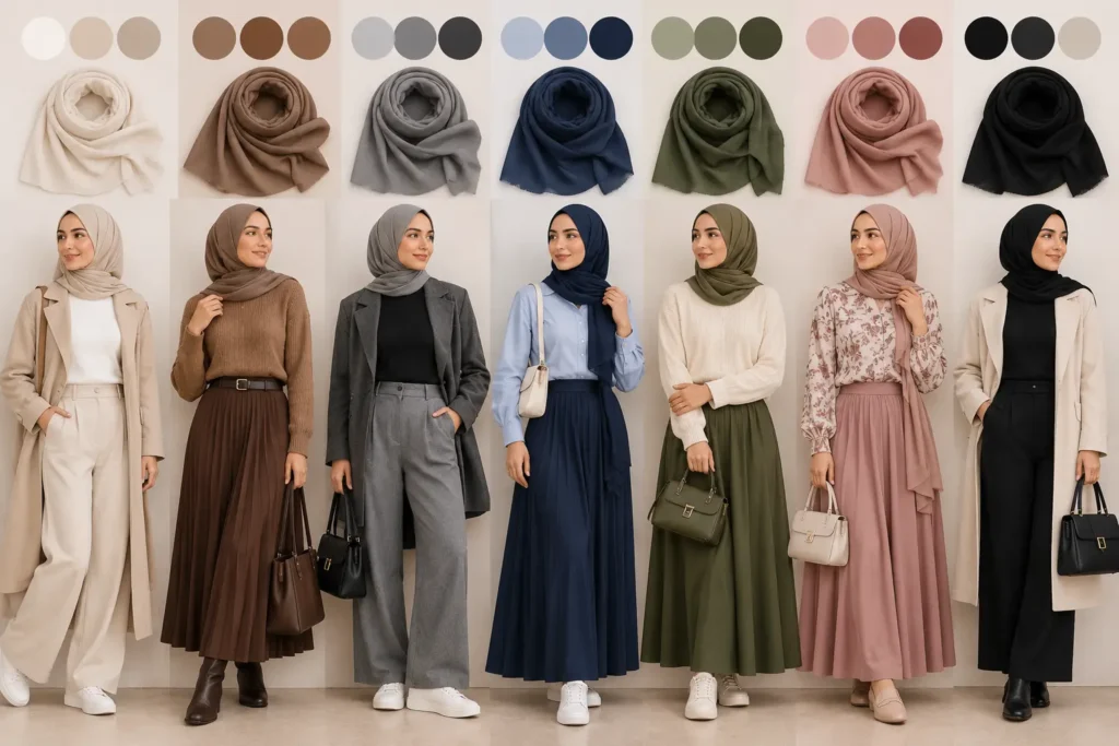 Modest capsule wardrobe color palette featuring neutral, navy, olive, dusty rose, and black hijabs with matching modest outfits and coordinating color swatches.
