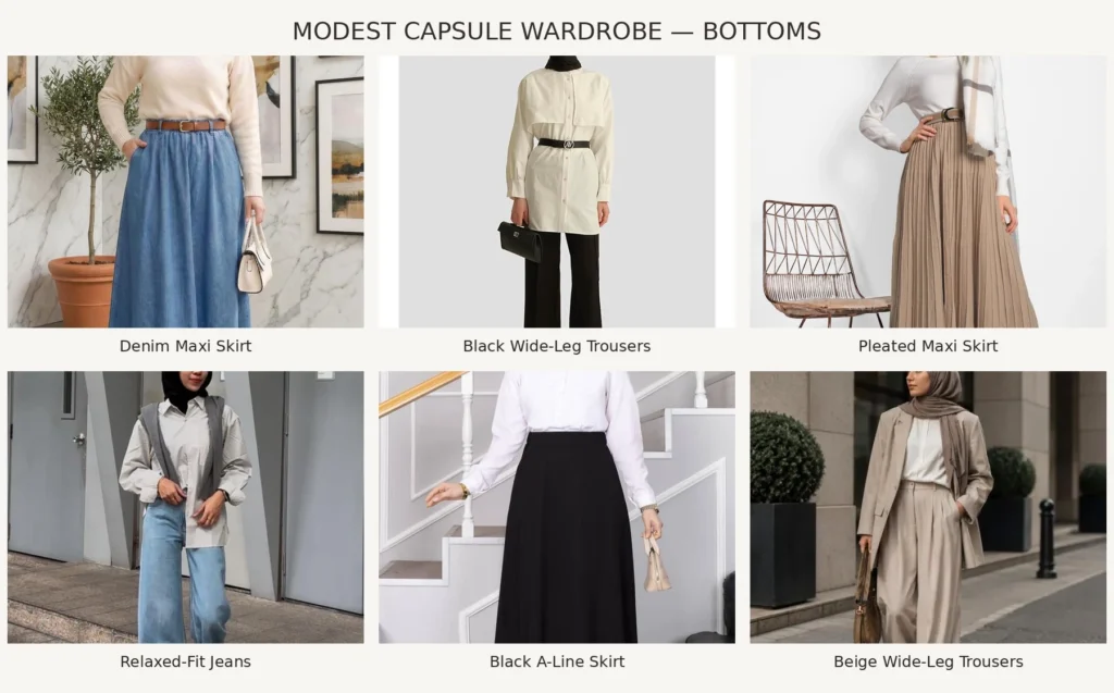 Six modest capsule wardrobe bottoms featuring a denim maxi skirt, black trousers, pleated maxi skirt, wide-leg jeans, black A-line skirt, and beige wide-leg trousers.