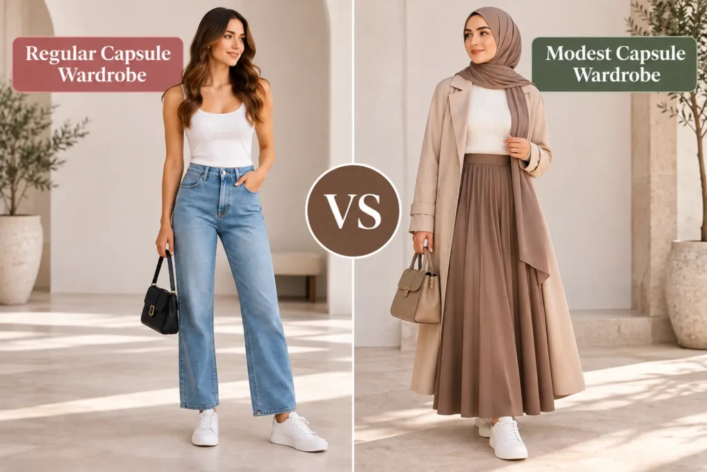 Side-by-side comparison of a regular capsule wardrobe with a sleeveless top and jeans versus a modest capsule wardrobe featuring a hijab, maxi skirt, and long coat.