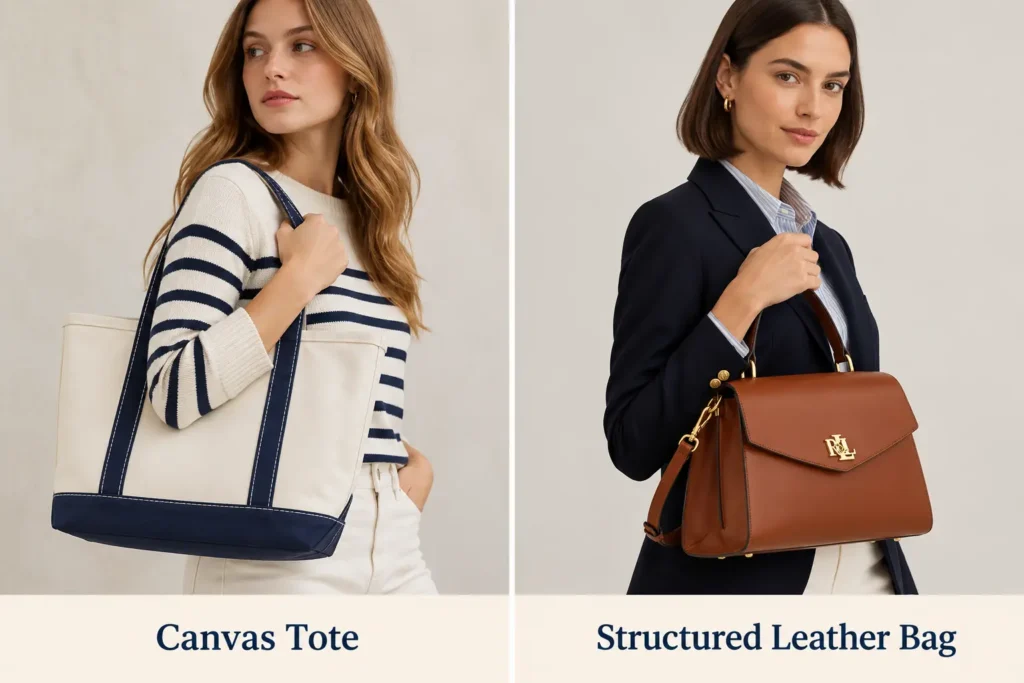 Two preppy capsule wardrobe bags featuring a navy-trimmed canvas tote and a structured brown leather top-handle satchel.