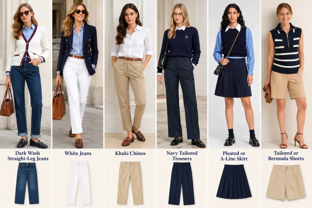 Six preppy capsule wardrobe bottoms, including dark wash jeans, white jeans, khaki chinos, navy trousers, pleated skirt, and Bermuda shorts.