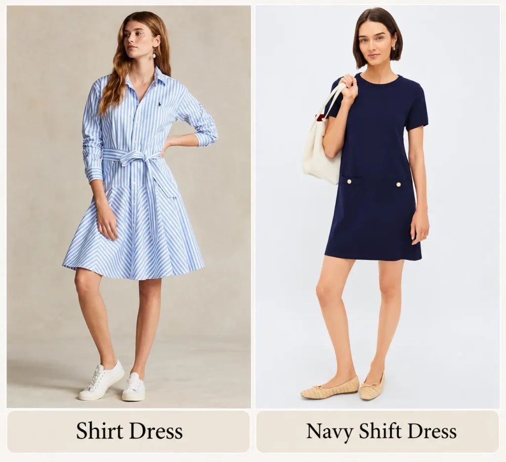 Two classic preppy dresses featuring a blue-and-white striped shirt dress and a navy shift dress styled with casual shoes.