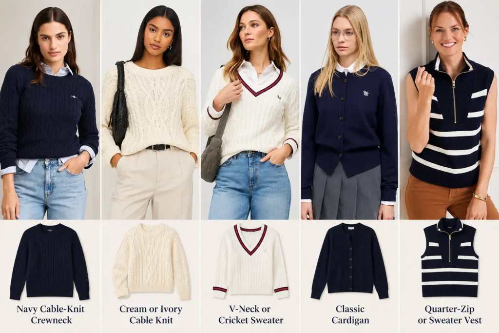 Five preppy knitwear essentials featuring navy and cream cable-knit sweaters, cricket sweater, classic cardigan, and quarter-zip sweater.