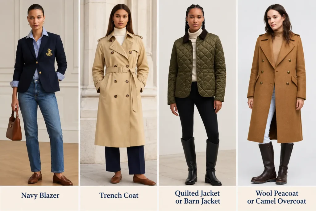 Four preppy outerwear essentials featuring a navy blazer, beige trench coat, olive quilted jacket, and camel wool overcoat.