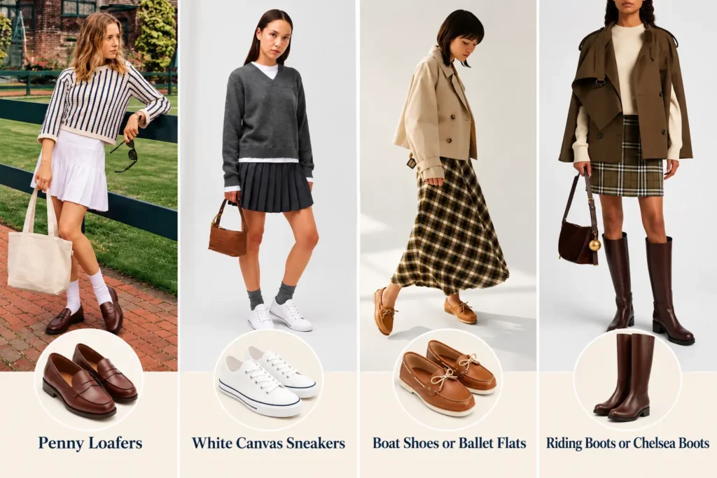 Four classic preppy shoe styles, including brown penny loafers, white canvas sneakers, leather boat shoes, and knee-high riding boots.