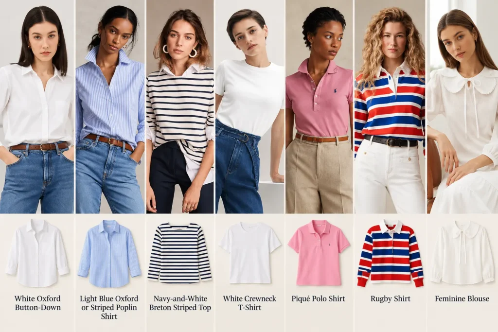 Seven essential preppy capsule wardrobe tops, including Oxford shirts, Breton striped top, white tee, polo shirt, rugby shirt, and feminine blouse.