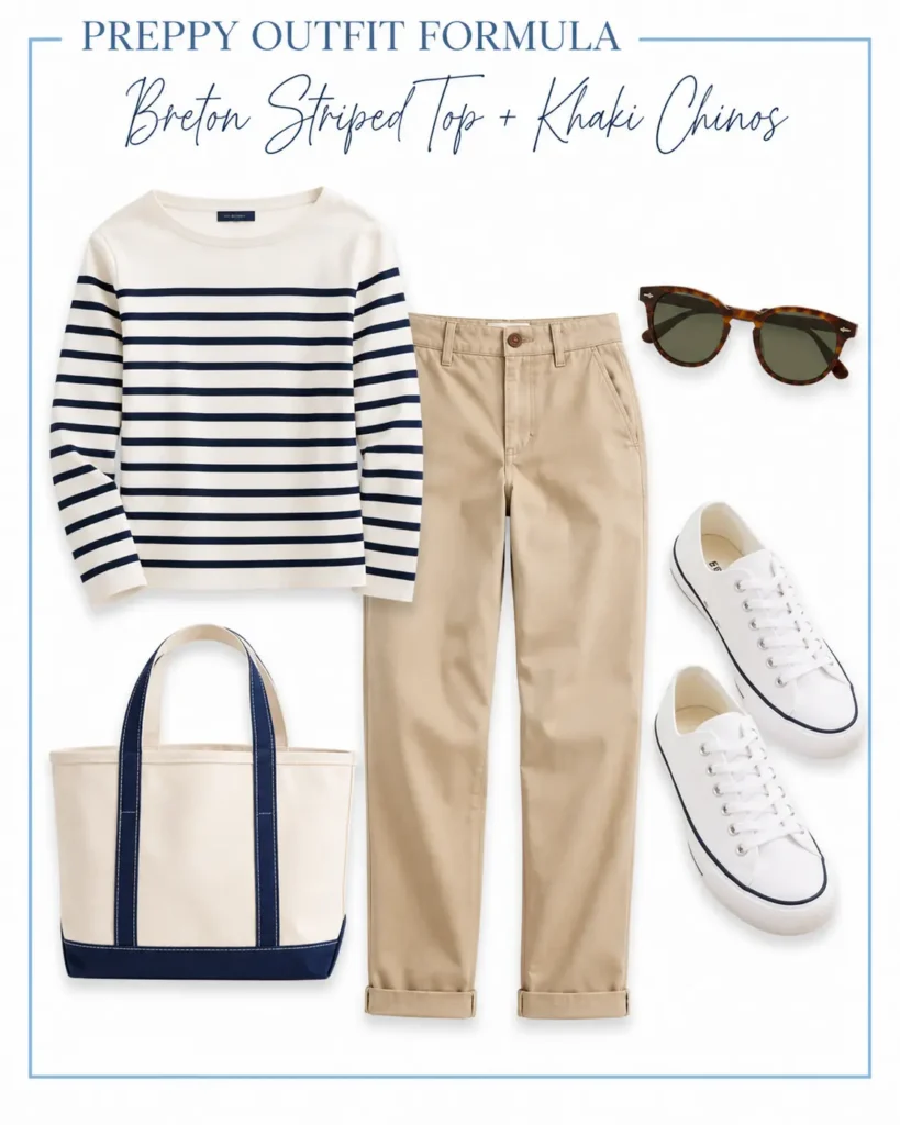 Casual preppy outfit with a navy striped Breton top, khaki chinos, white canvas sneakers, and navy-trimmed canvas tote.