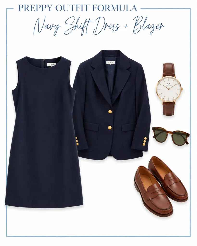 Classic preppy outfit with a navy shift dress, matching navy blazer, brown leather loafers, and a traditional leather-strap watch.
