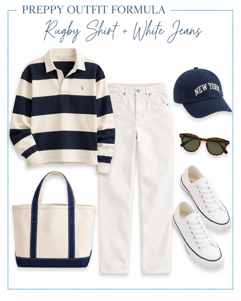 Classic preppy outfit with a navy and cream striped rugby shirt, white jeans, white sneakers, and navy baseball cap.