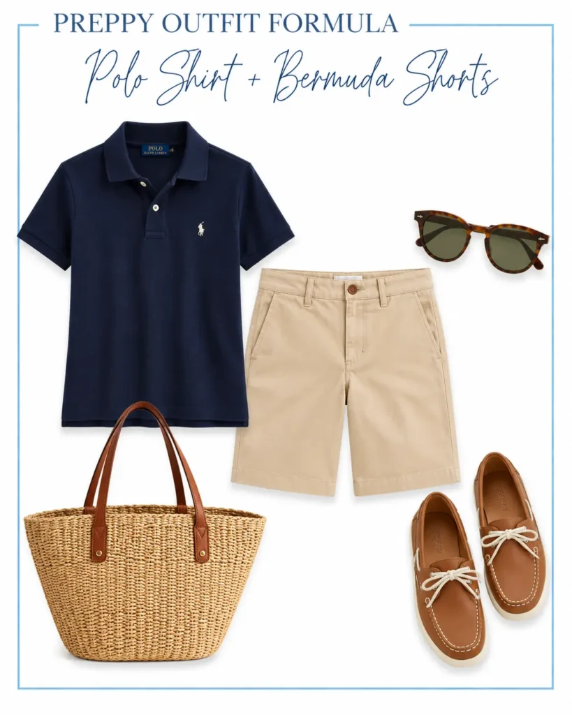 Summer preppy outfit featuring a navy polo shirt, khaki Bermuda shorts, brown boat shoes, woven straw tote, and tortoiseshell sunglasses.
