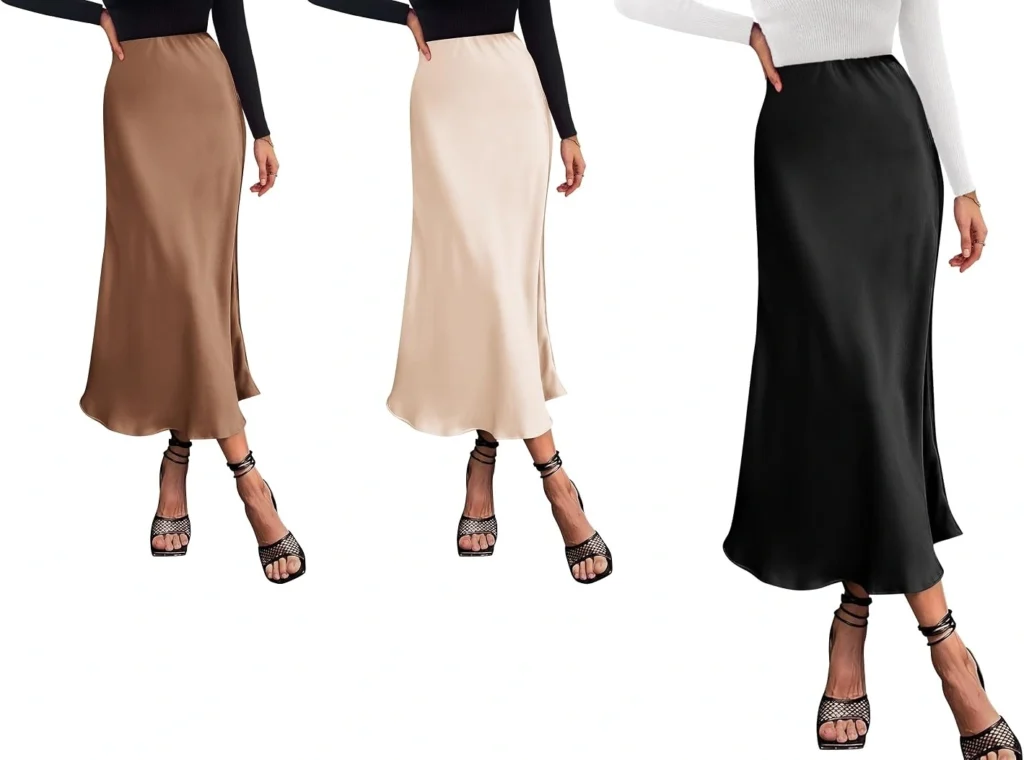 Three satin midi slip skirts in chocolate brown, champagne beige, and black styled with fitted tops and heels.