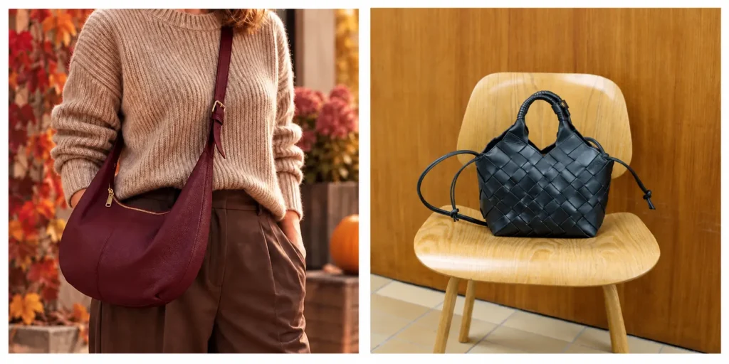Two minimalist Scandinavian handbags featuring a burgundy leather shoulder bag and a black woven leather handbag.