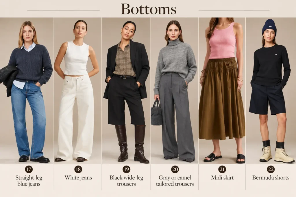 Six Scandi wardrobe bottoms including blue jeans, white jeans, black trousers, gray tailored trousers, a midi skirt, and Bermuda shorts.