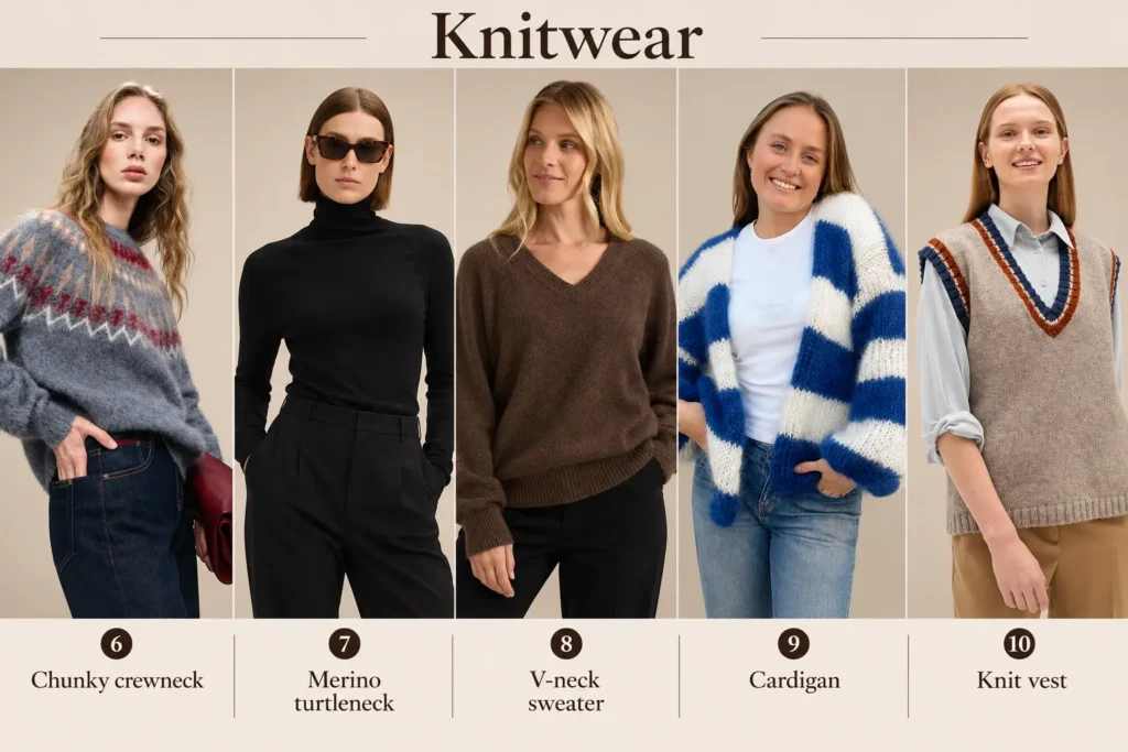 Five Scandinavian knitwear essentials including a chunky crewneck, merino turtleneck, V-neck sweater, striped cardigan, and knit vest.