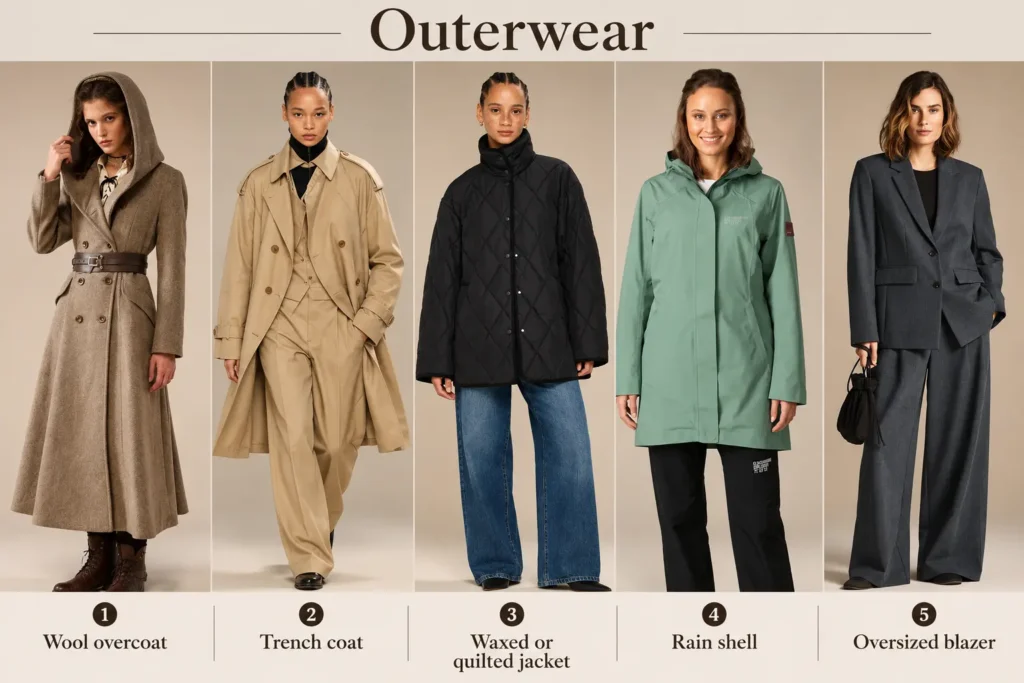 Scandinavian capsule wardrobe outerwear featuring a wool coat, trench coat, quilted jacket, rain shell, and oversized blazer.
