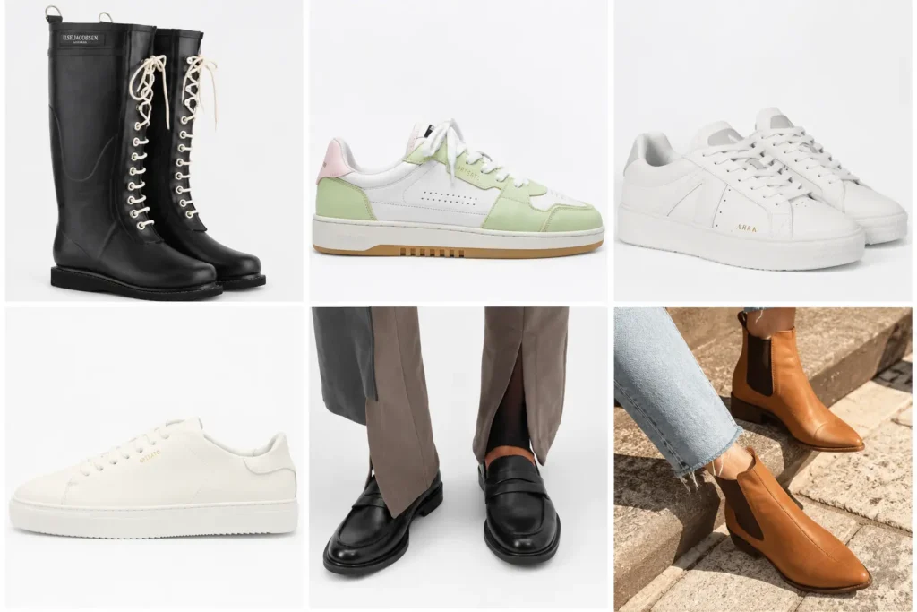 Scandinavian capsule wardrobe shoes featuring leather ankle boots, black loafers, white sneakers, colorful sneakers, and rain boots.