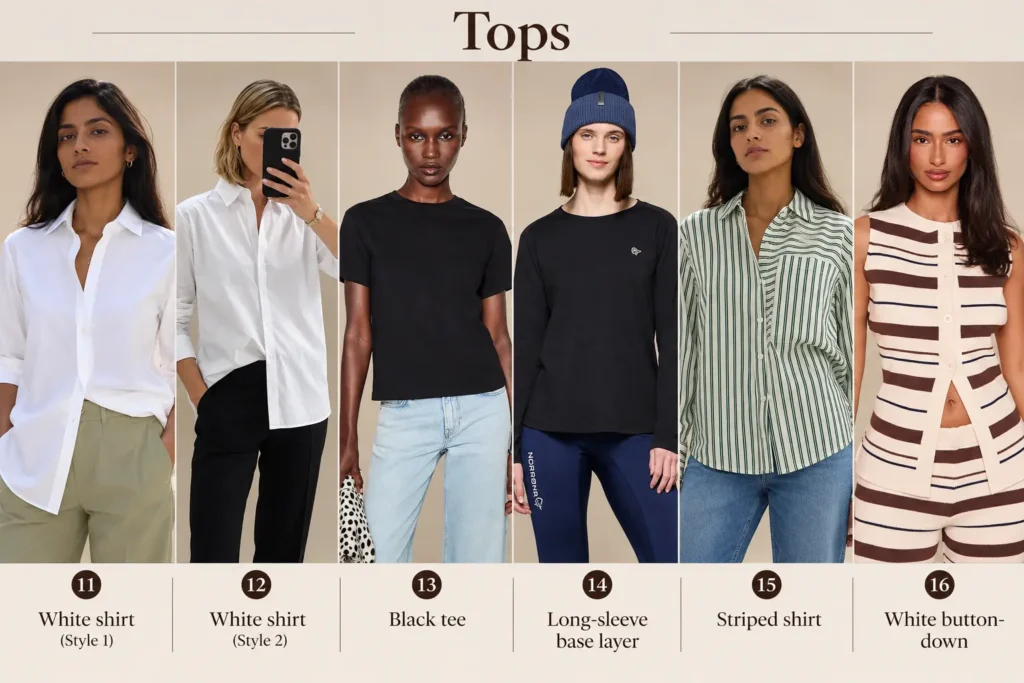 Scandinavian capsule wardrobe tops featuring white shirts, a black T-shirt, striped tops, and a long-sleeve base layer.