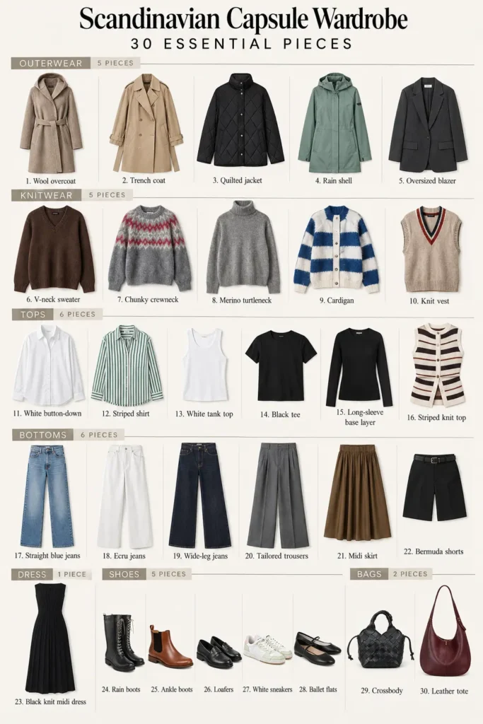 Scandinavian capsule wardrobe featuring 30 essential clothing pieces, including minimalist coats, knitwear, tops, trousers, jeans, a midi dress, versatile shoes, and handbags in neutral colors