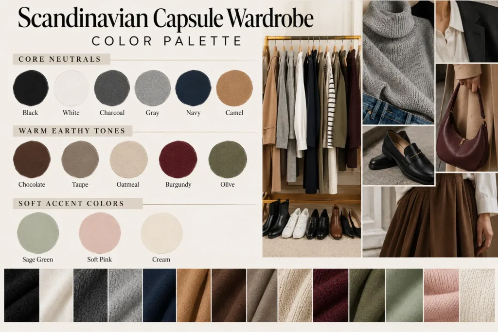 Scandinavian capsule wardrobe color palette featuring black, white, gray, navy, camel, chocolate brown, burgundy, olive, sage green, and soft pink with minimalist clothing and accessories