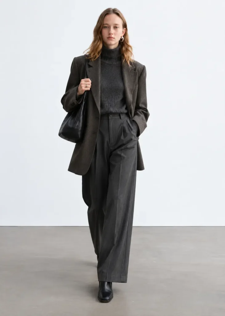 Minimalist Scandinavian outfit with wide-leg trousers, a merino wool turtleneck, oversized blazer, and ankle boots.