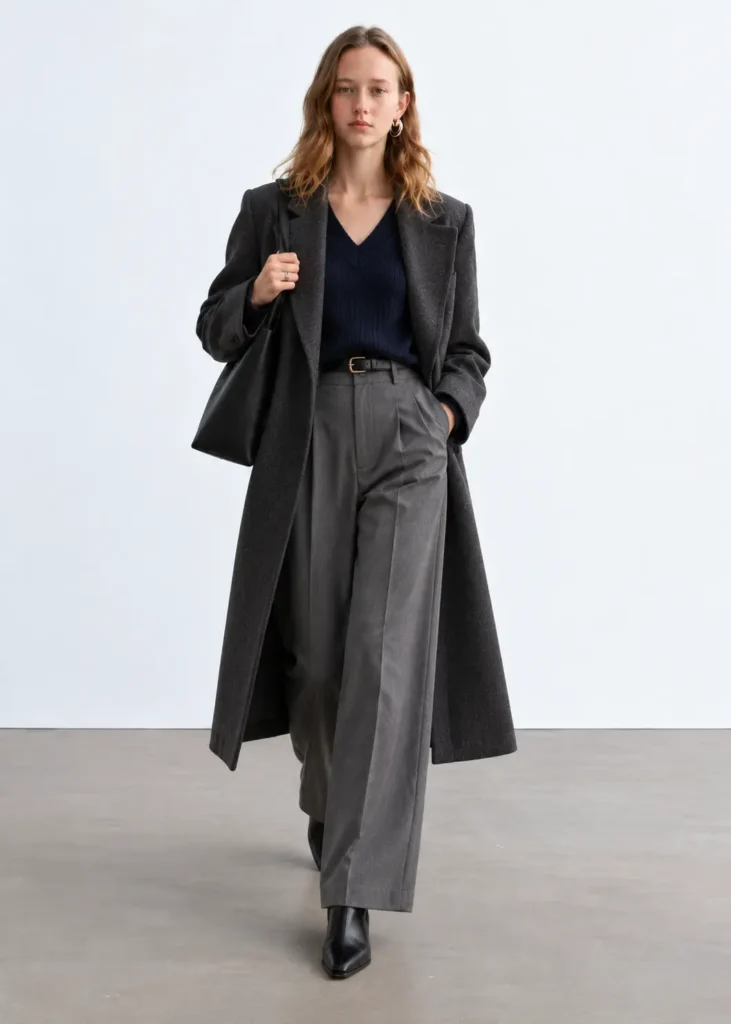 Scandinavian winter capsule wardrobe outfit featuring gray wide-leg trousers, navy V-neck sweater, charcoal wool overcoat, and black ankle boots.