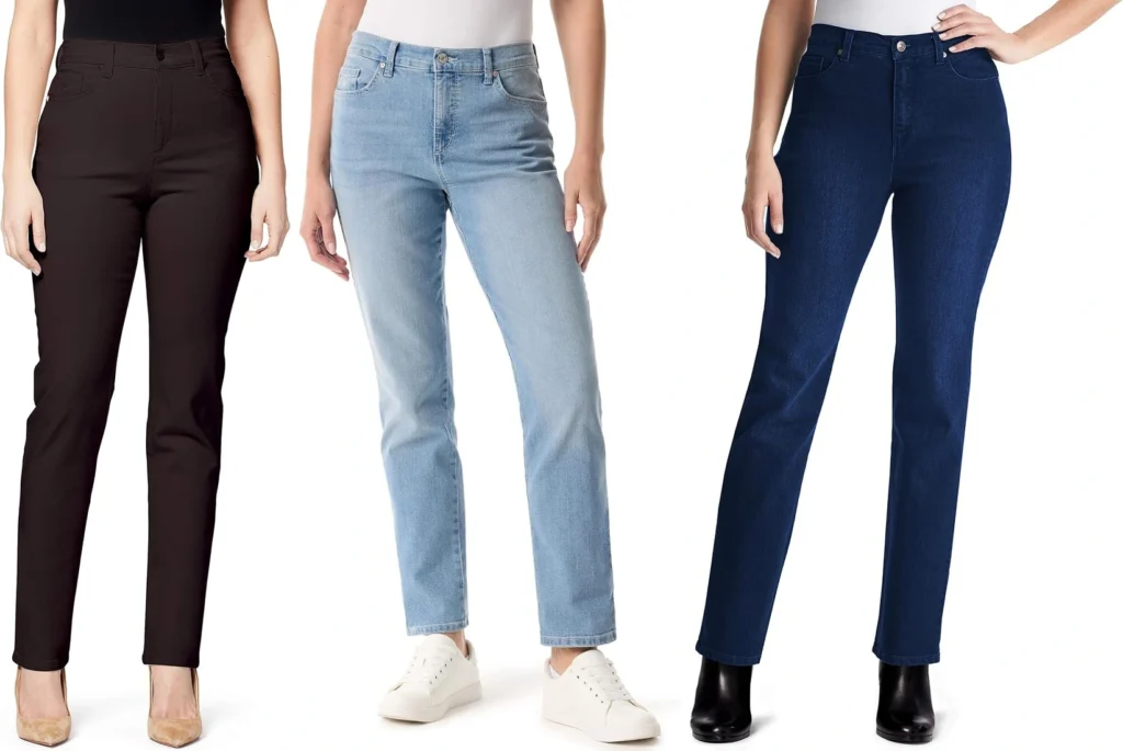 Three styles of women's straight-leg jeans in dark brown, light blue denim, and dark blue denim.