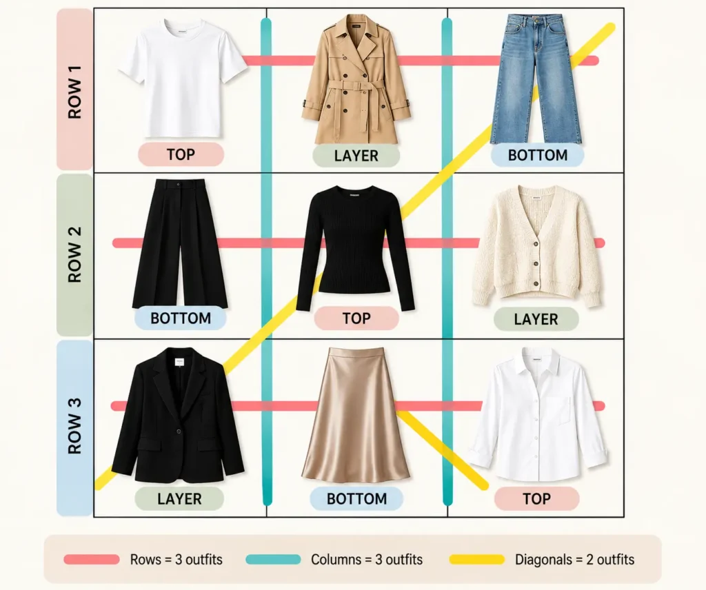 Sudoku capsule wardrobe grid showing 3 tops, 3 bottoms and 3 layers with outfit lines