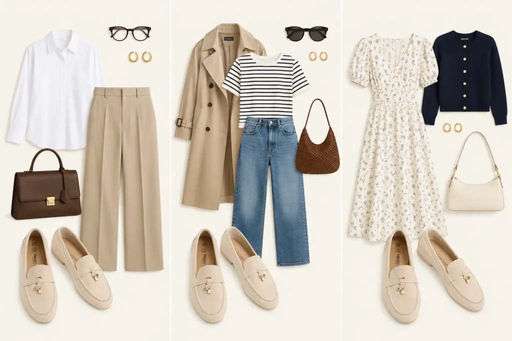 Suede loafers styled with tailored trousers, cropped jeans, and a midi dress