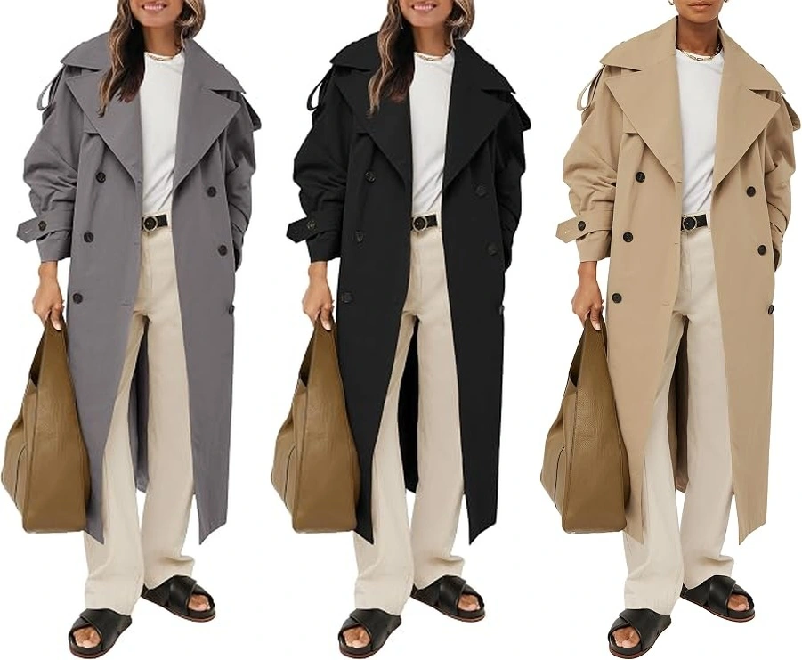 Women's long trench coats in gray, black, and beige styled with neutral trousers and casual sandals.