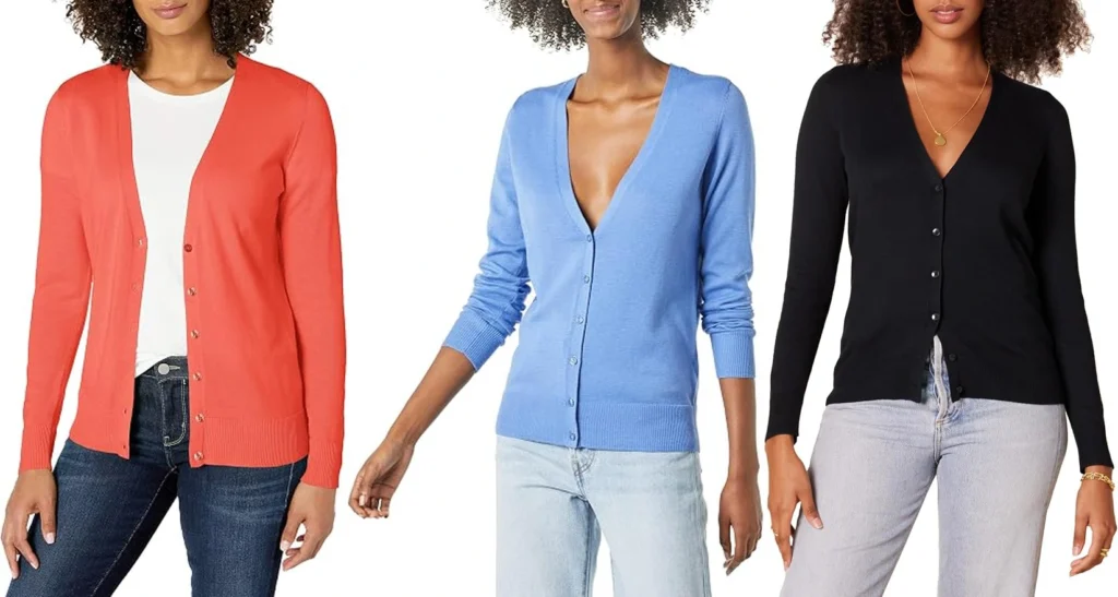 Three women's V-neck button-up cardigans in coral, light blue, and black styled with jeans.