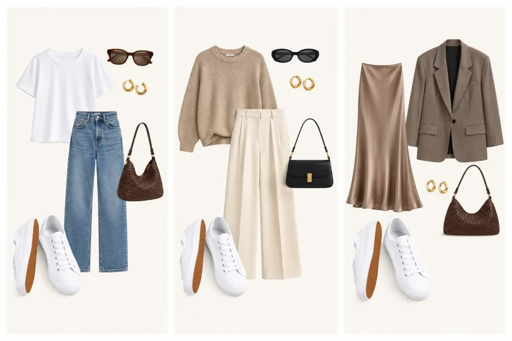 White sneakers styled with straight-leg jeans, wide-leg trousers, and a slip skirt