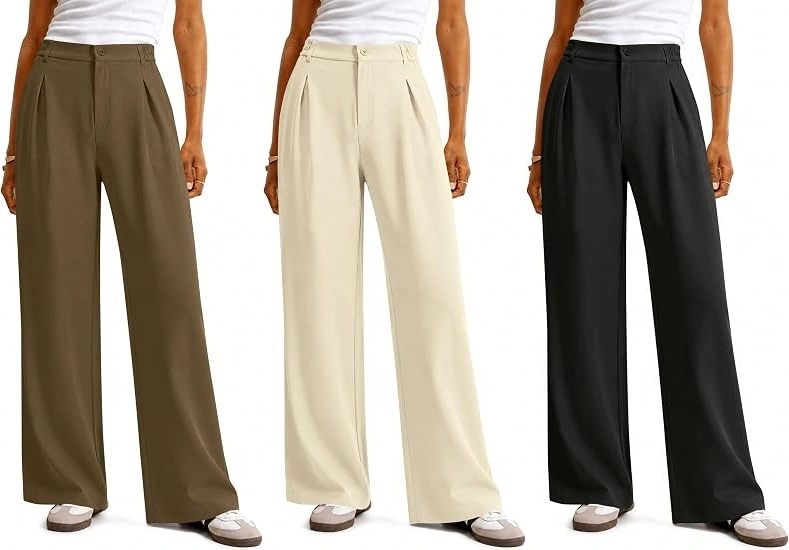 Women's high-waisted wide-leg trousers in olive brown, cream, and black with relaxed pleated designs.
