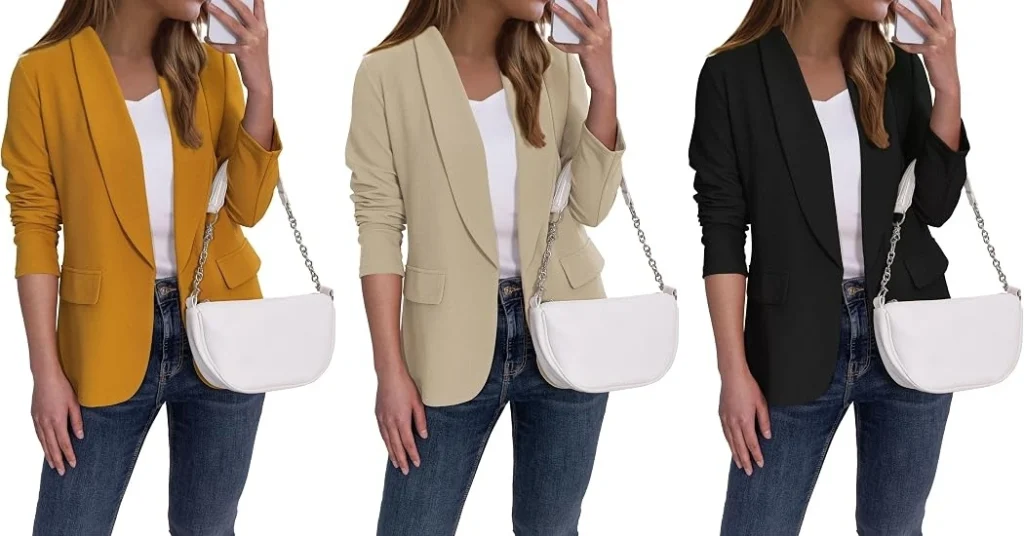 Women's tailored blazers in mustard yellow, beige, and black paired with white tops and blue jeans.
